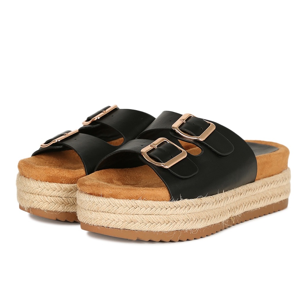 Espadrille Double Buckle Platform Slide Sandals